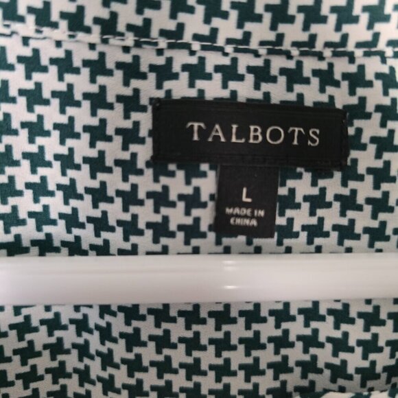 Talbots Houndstooth Pattern Green & White Button Down Blouse - Picture 7 of 8